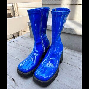 Miista blue patent leather square toe platform boots